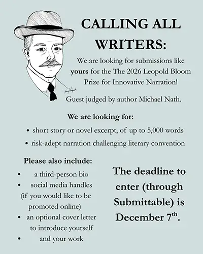 Minimalist flyer announcing the 2026 Leopold Bloom Prize for Innovative Narration by L’Esprit Literary Review. Text invites submissions of short stories or novel excerpts up to 5,000 words, judged by author Michael Nath. Deadline: December 7 via Submittable.