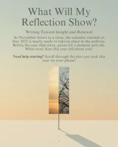 Minimalist artwork featuring a vertical mirror reflecting a bare tree against a sunset sky, symbolizing reflection and renewal, with text overlay reading “What Will My Reflection Show? Writing Toward Insight and Renewal.”