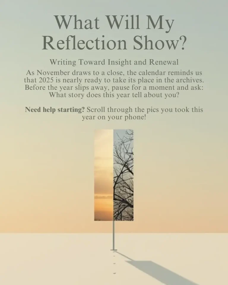Minimalist artwork featuring a vertical mirror reflecting a bare tree against a sunset sky, symbolizing reflection and renewal, with text overlay reading “What Will My Reflection Show? Writing Toward Insight and Renewal.”