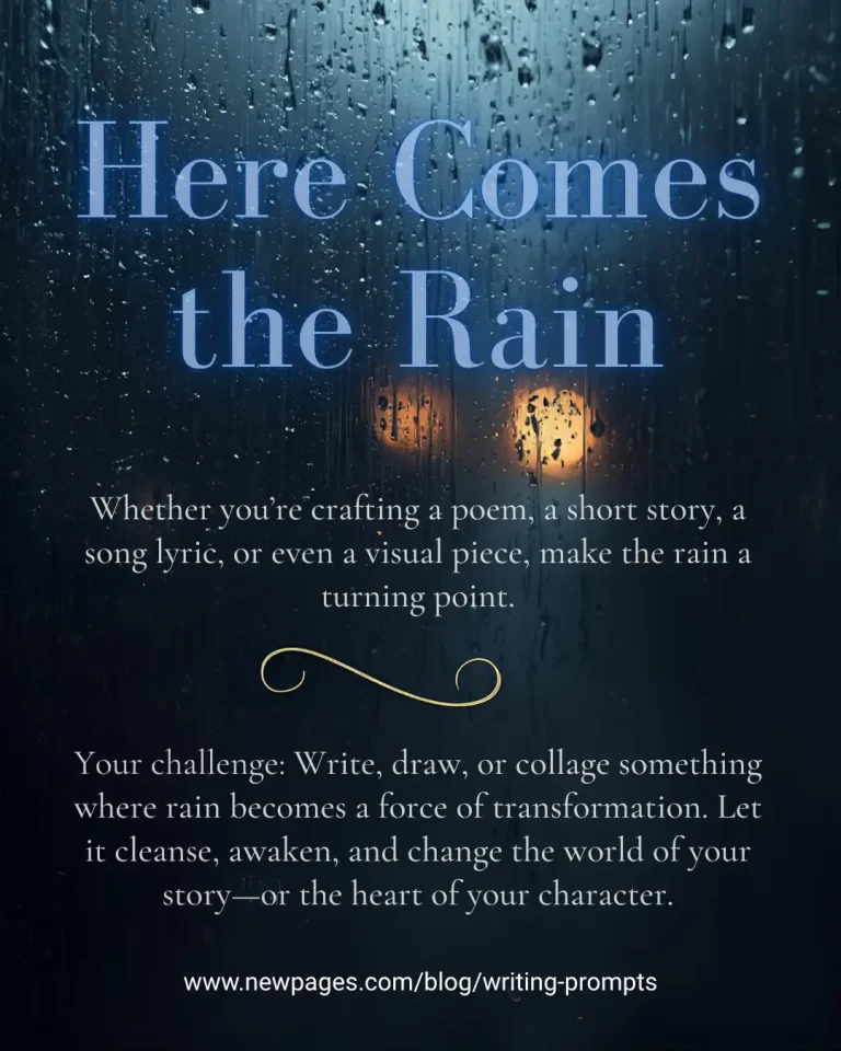 Dark rain-streaked window with blurred warm lights in the background and text overlay reading: ‘Here Comes the Rain. Whether you’re crafting a poem, a short story, a song lyric, or even a visual piece, make the rain a turning point. Your challenge: Write, draw, or collage something where rain becomes a force of transformation.’