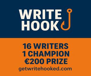 Write Hook banner ad with navy and orange background, featuring text “16 writers, 1 champion, €200 prize” and website URL getwritehooked.com.