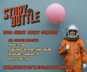 Banner ad for the StoryBottle Co. 2026 Short Story Contest featuring bold orange text on a blue background and a person in an orange astronaut suit holding a pink balloon.