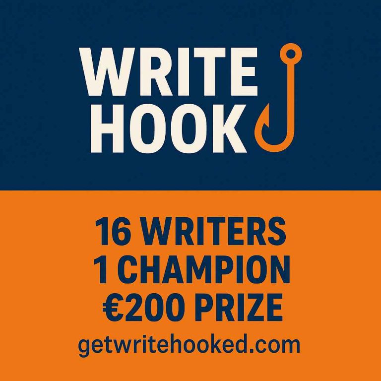 Write Hook contest logo with tagline “16 writers, 1 champion, €200 prize” and website URL getwritehooked.com on a navy and orange background.