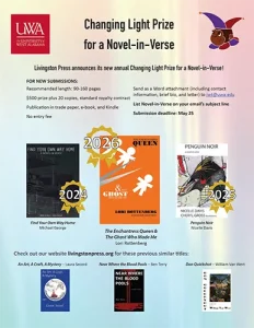 A colorful promotional flyer from Livingston Press announcing the Changing Light Prize for a Novel-in-Verse. The flyer includes submission details, deadline, and images of previous and upcoming book covers for 2024, 2025, and 2026 releases.