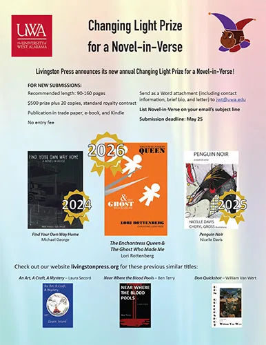 A colorful promotional flyer from Livingston Press announcing the Changing Light Prize for a Novel-in-Verse. The flyer includes submission details, deadline, and images of previous and upcoming book covers for 2024, 2025, and 2026 releases.