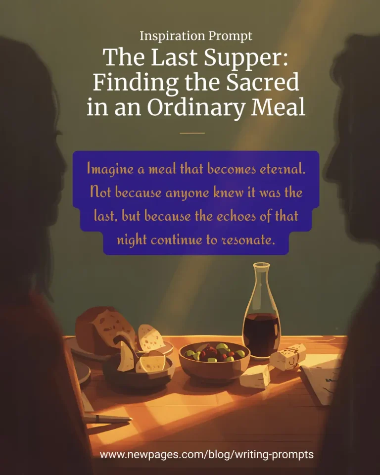 Silhouettes of two people sitting at a dinner table with bread, fruit, and wine, illuminated by warm light, with text introducing ‘The Last Supper’ writing prompt.