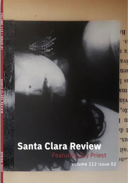 Cover of Santa Clara Review Volume 112 Issue 02 featuring Joy Priest, with a black-and-white abstract photograph and red spine text.