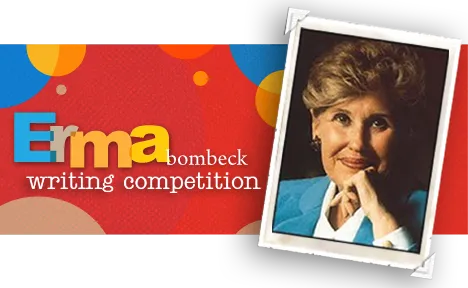 Logo for the Erma Bombeck Writing Competition featuring colorful text and a photo frame on a vibrant background.