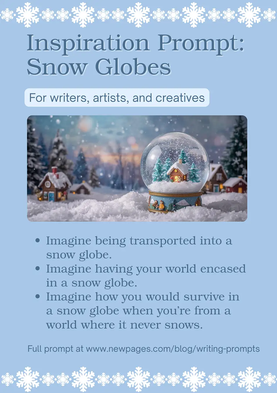 A translucent snow globe filled with swirling white glitter against a soft blue background, used to illustrate a creative Snow Globe writing prompt.