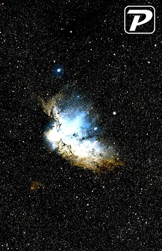 A bright blue-and-gold nebula surrounded by dense star fields, with a stylized white “P” logo in the upper-right corner.