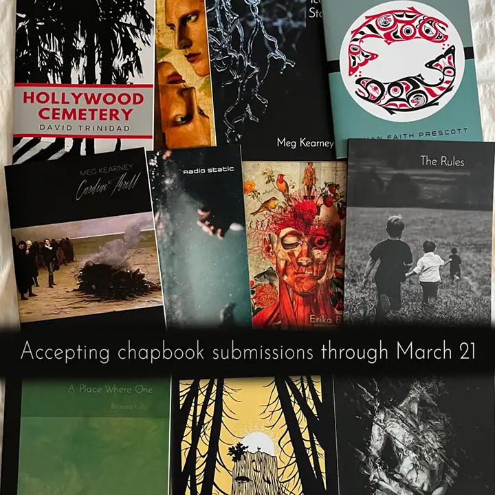 A collage of Green Linden Press chapbook covers arranged in a grid, featuring titles and artwork from past publications. A banner across the bottom reads: “Accepting chapbook submissions through March 21.”