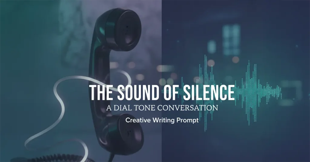 A vintage telephone receiver hanging mid-air against a moody, dark teal background with a digital sound wave graphic on the right, featuring the text "The Sound of Silence: A Dial Tone Conversation."
