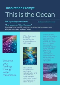 Infographic for 'This is the Ocean' writing prompt featuring images of water droplets, a forest river, and ocean waves. Text describes comparing emotions to bodies of water and challenges creators to treat feelings as navigable waterways.