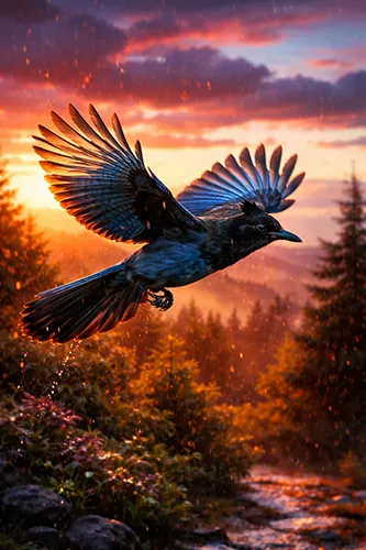 A blue bird flying over a mountain landscape at sunset with warm light illuminating its wings.