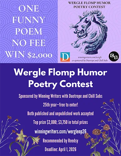 Promotional poster for the Wergle Flomp Humor Poetry Contest featuring a stylized lion illustration, prize details, sponsors, and the 2026 deadline.