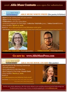 Promotional flyer for 2026 Able Muse Contests featuring judges Catherine Tufariello, Tobias Carroll, and Annie Finch.
