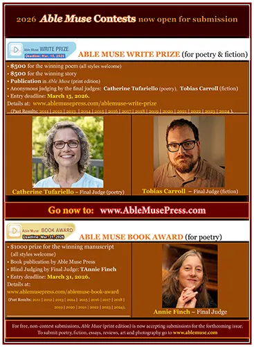 Promotional flyer for 2026 Able Muse Contests featuring judges Catherine Tufariello, Tobias Carroll, and Annie Finch.