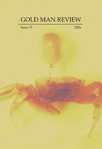 Cover of Gold Man Review Issue 15 featuring a stylized red crab holding a balloon against a yellow background.