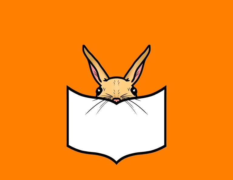 Illustrated logo for Jerboa Lit: a tan jerboa peeks over the top of an open, white book against a bright orange background, with only its long ears, eyes, and the top of its head visible.