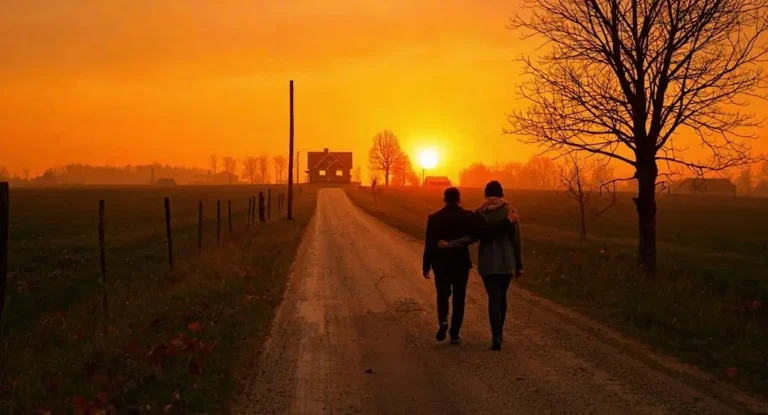 Two figures walk arm in arm down a rural dirt road toward a farmhouse at sunset, bare trees silhouetted against a deep orange sky.