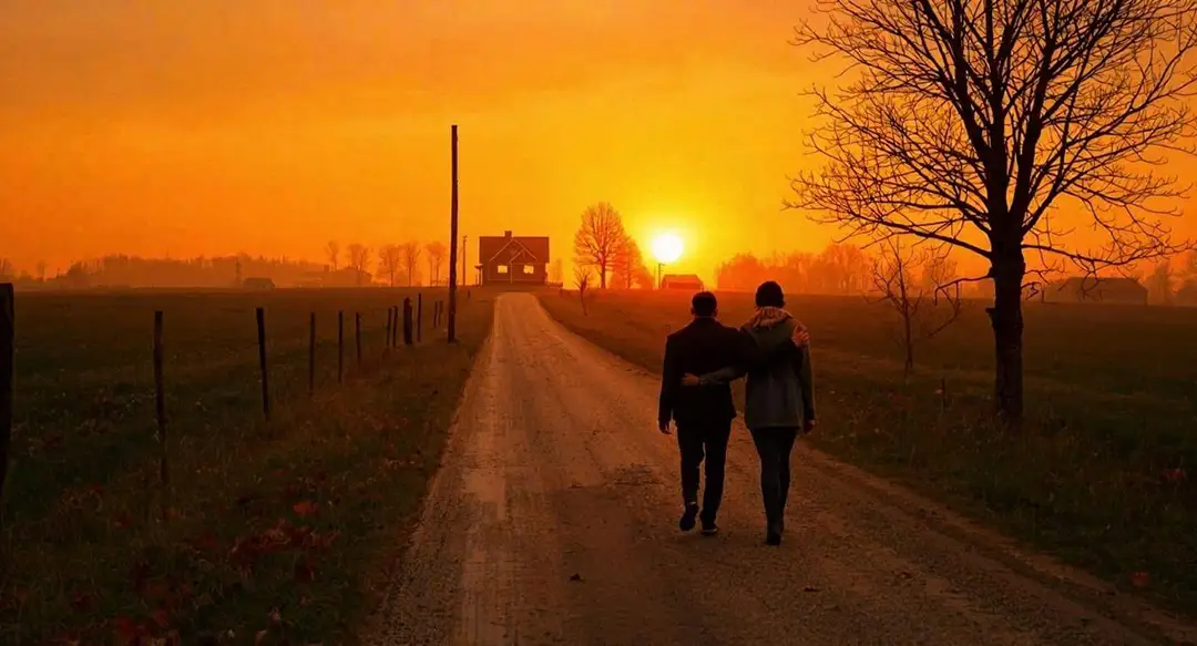 Two figures walk arm in arm down a rural dirt road toward a farmhouse at sunset, bare trees silhouetted against a deep orange sky.