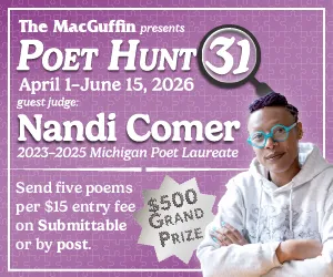 Promotional graphic for Poet Hunt 31 poetry contest featuring judge Nandi Comer, offering a $500 grand prize. Deadline June 15, 2026.