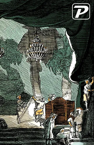 Illustrated underground interior with stone pillars, a hanging chandelier, stacked crates, and several figures working with tools; the Palooka literary magazine wordmark appears in the top‑right corner.
