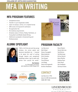 Small flyer image for Lindenwood University’s MFA in Writing program, showing program features, faculty list, an alumni spotlight, journal covers, contact information, and university branding.