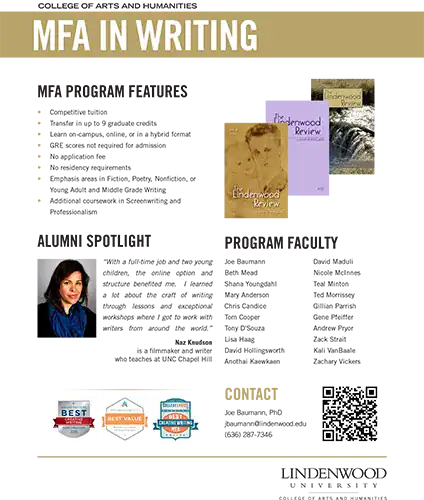 Small flyer image for Lindenwood University’s MFA in Writing program, showing program features, faculty list, an alumni spotlight, journal covers, contact information, and university branding.