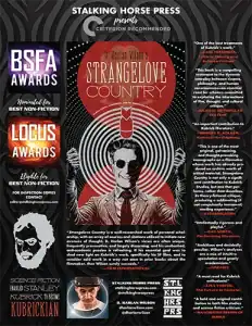 Small promotional image for Strangelove Country featuring the book’s central cover art, praise quotes, award‑nomination badges, and Stalking Horse Press branding.
