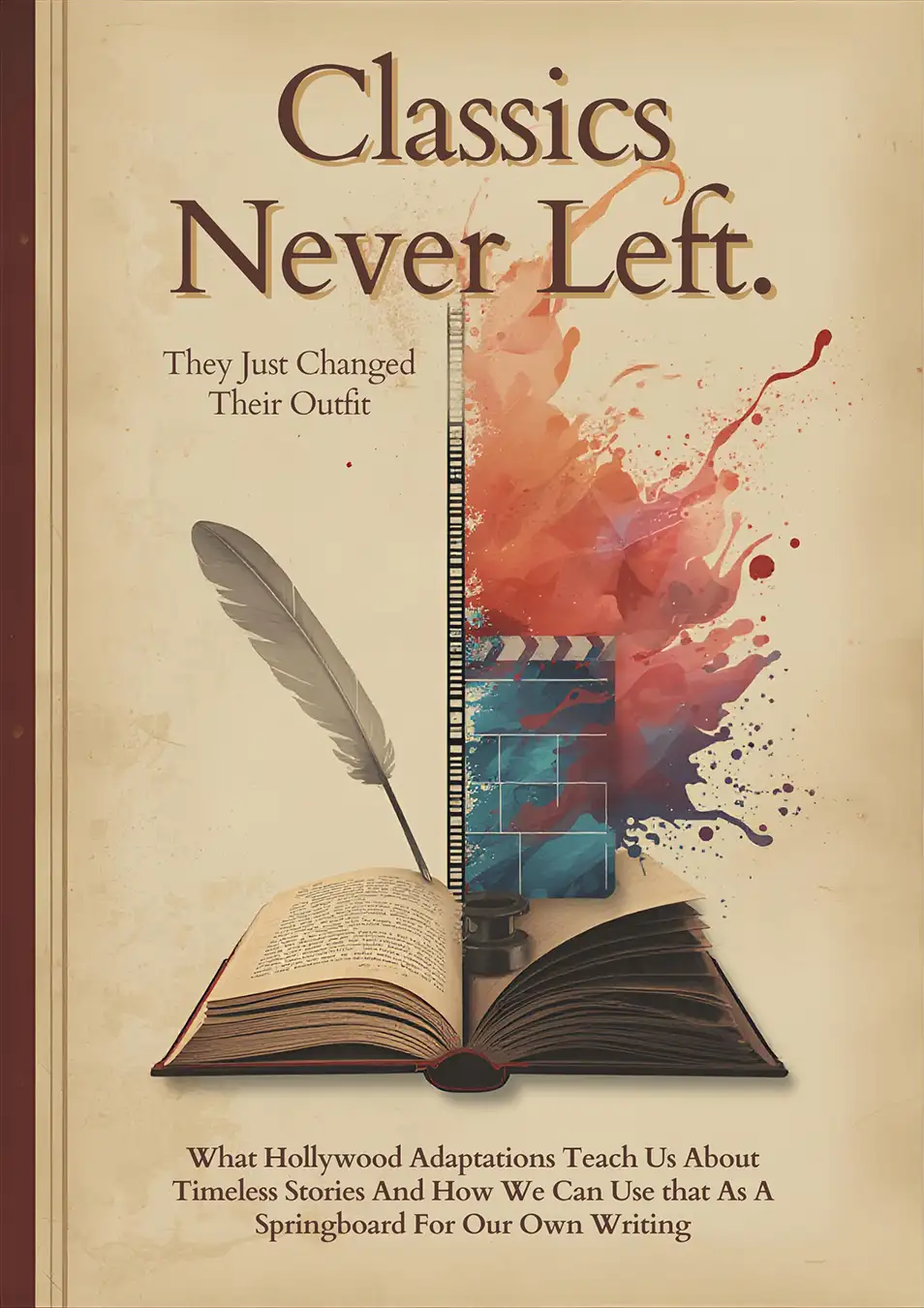 A stylized illustration of an open book split down the middle, with a feather quill on one side and a movie clapperboard surrounded by colorful paint splashes on the other. Above it is the text “Classics Never Left. They Just Changed Their Outfit,” and below it a subtitle about what Hollywood adaptations teach us about timeless stories.