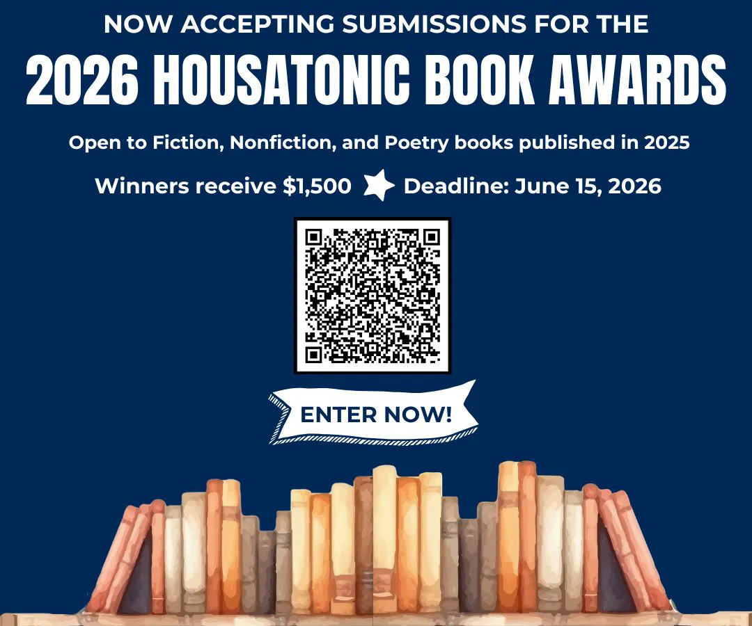Banner ad announcing the 2026 Housatonic Book Awards, featuring illustrated books, a QR code, award details, and a June 15, 2026 submission deadline.