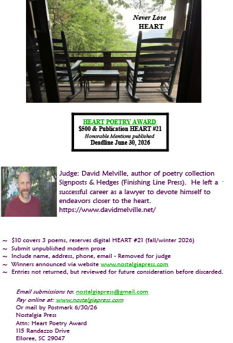 Flyer for the Heart Poetry Award featuring a porch with two wooden rocking chairs overlooking greenery, along with contest details including $500 prize, deadline June 30, 2026, and judge David Melville.