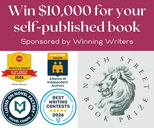 Banner ad reading “Win $10,000 for your self-published book” with “Sponsored by Winning Writers,” featuring award badges and the North Street Book Prize lion logo on a white background.