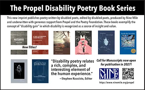 Nine Mile Propel Disability Poetry Book Series flyer featuring new titles and call for manuscript submissions
