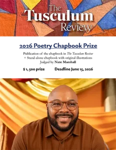 Tusculum Review Poetry Chapbook Prize flyer with abstract background and prize details including $1500 and publication