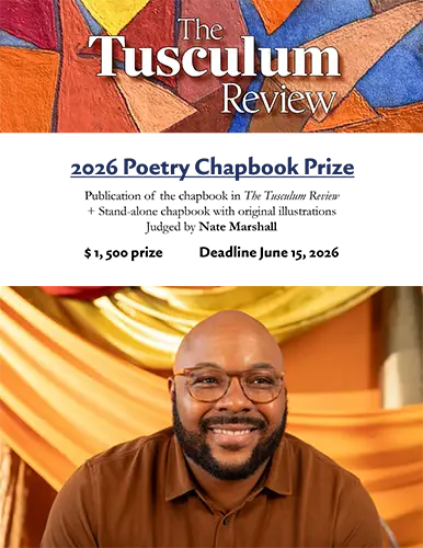 Tusculum Review Poetry Chapbook Prize flyer with abstract background and prize details including $1500 and publication