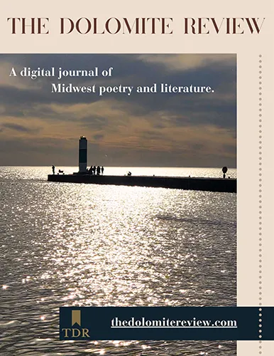 Flyer image for The Dolomite Review showing a lighthouse on a breakwater over sunlit water with text describing it as a digital journal of Midwest poetry and literature