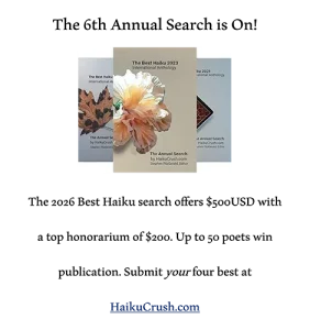 Screenshot of Haiku Crush contest flyer featuring three anthology book covers and announcement of the 6th annual haiku search