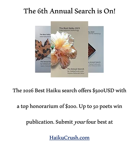 Screenshot of Haiku Crush contest flyer featuring three anthology book covers and announcement of the 6th annual haiku search