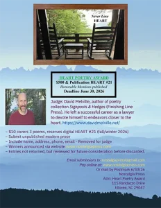 Screenshot of HEART Poetry Award flyer showing $500 prize, publication details, judge information, and June 30, 2026 deadline