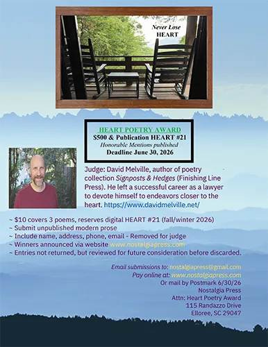 Screenshot of HEART Poetry Award flyer showing $500 prize, publication details, judge information, and June 30, 2026 deadline