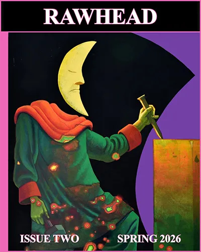 Illustrated magazine cover for Rawhead Issue Two (Spring 2026) featuring a stylized figure with a crescent moon for a head painting at an easel, set against a dark abstract background with purple and orange accents, with the title “RAWHEAD” at the top.