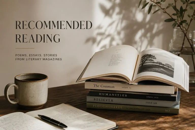 Open book resting on a stack of literary magazines beside a notebook and coffee cup, with “Recommended Reading” text overlay.