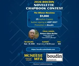 Graphic promoting the 2026 Boudin Novelette Chapbook Contest, featuring a $1,000 prize, 25 author copies, an author signing at AWP 2027, and publication promotion in Boudin.