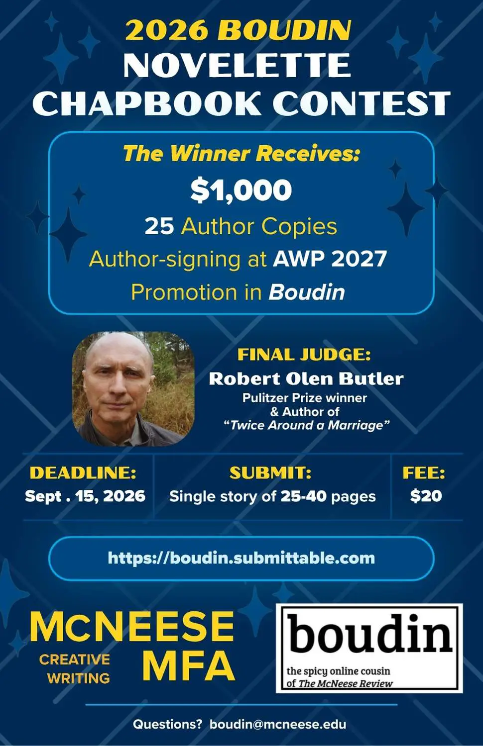 Full flyer for the 2026 Boudin Novelette Chapbook Contest showing a $1,000 prize, final judge Robert Olen Butler, September 15, 2026 deadline, 25–40 page submission requirement, and $20 entry fee.