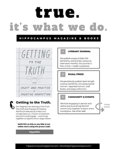 Promotional flyer for Hippocampus Magazine & Books featuring the book Getting to the Truth: The Craft and Practice of Creative Nonfiction, along with information about its literary journal, small press, and creative nonfiction community events.
