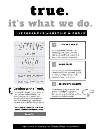 Promotional flyer for Hippocampus Magazine & Books featuring the book Getting to the Truth: The Craft and Practice of Creative Nonfiction, along with information about its literary journal, small press, and creative nonfiction community events.