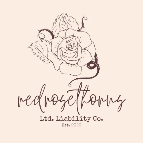 Line-art logo featuring a blooming rose with thorny vines and leaves above the handwritten text “redrosethornes,” with “Ltd. Liability Co.” and “Est. 2020” below on a light beige background.